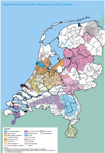 Kaart van Nederland met legenda en kleuren om de NOVEX gebieden in Nederland aan te duiden